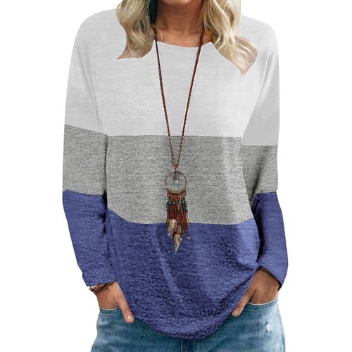 Womens Round Neck Pullover Color Contrast Top T-shirt