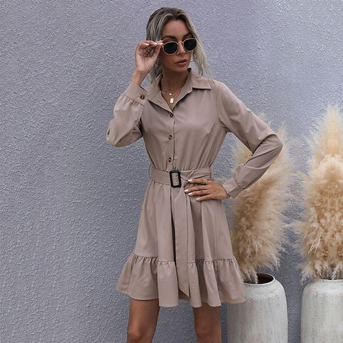 Women Solid Color Pleated Long Sleeved Dress with Belt