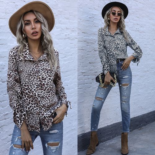 Womens Leopard Print Shirt Long Sleeved Single-breasted Blouse