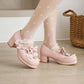 Women Lace Chunky Heel Pumps Mary Janes Shoes with Bowtie