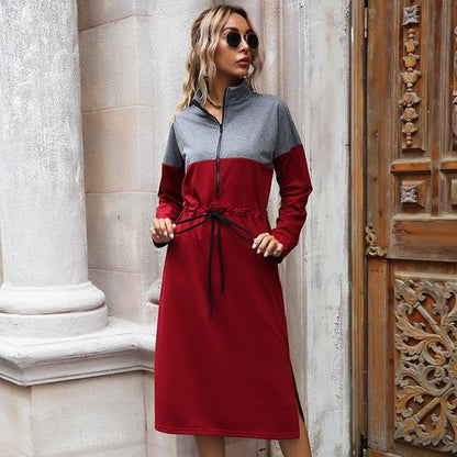 Women Color Contrast Long Sleeved Mid-length Dress