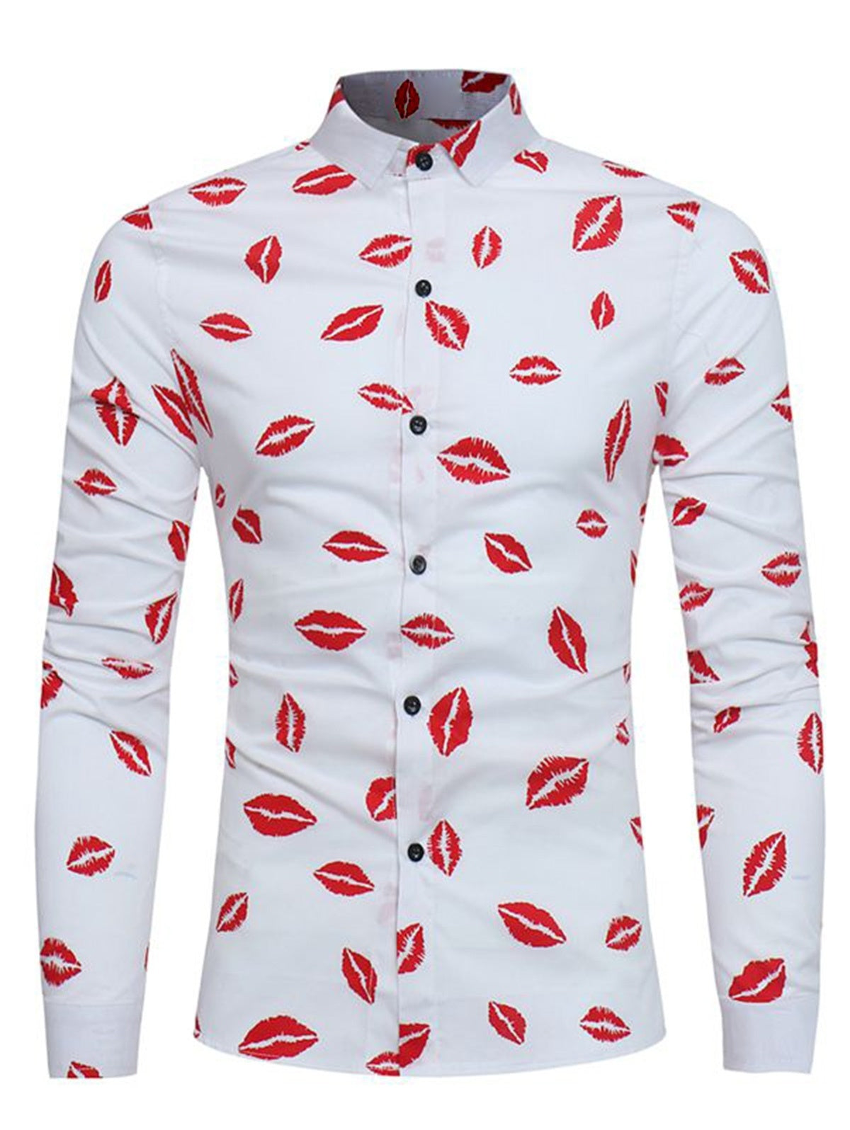Turndown Collar Red Lips Print Long Sleeve Men Shirt 2135