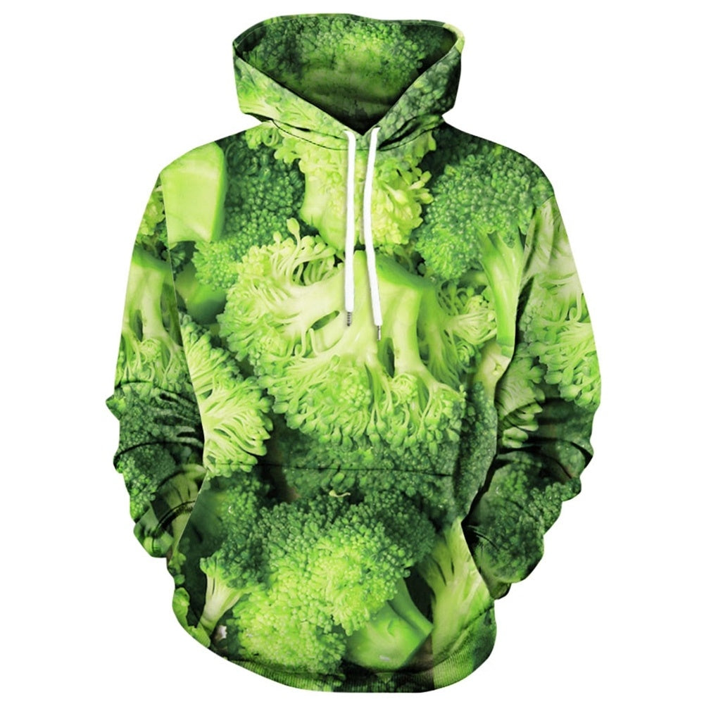 Green Broccoli Print Drawstring Neck Men Hoodie 9562