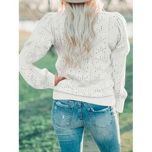 Women Hollow Long Sleeve Pullover Bubble Sleeve Sweater