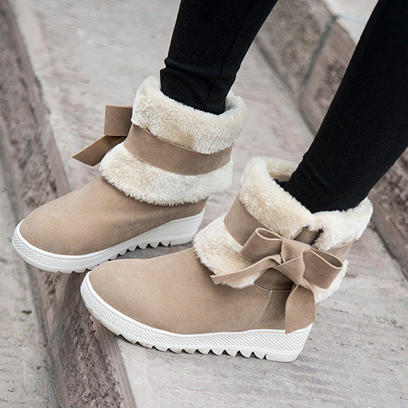 Women Snow Boots Wedges Platform Bowtie Fur Winter Shoes Woman 2016 3518