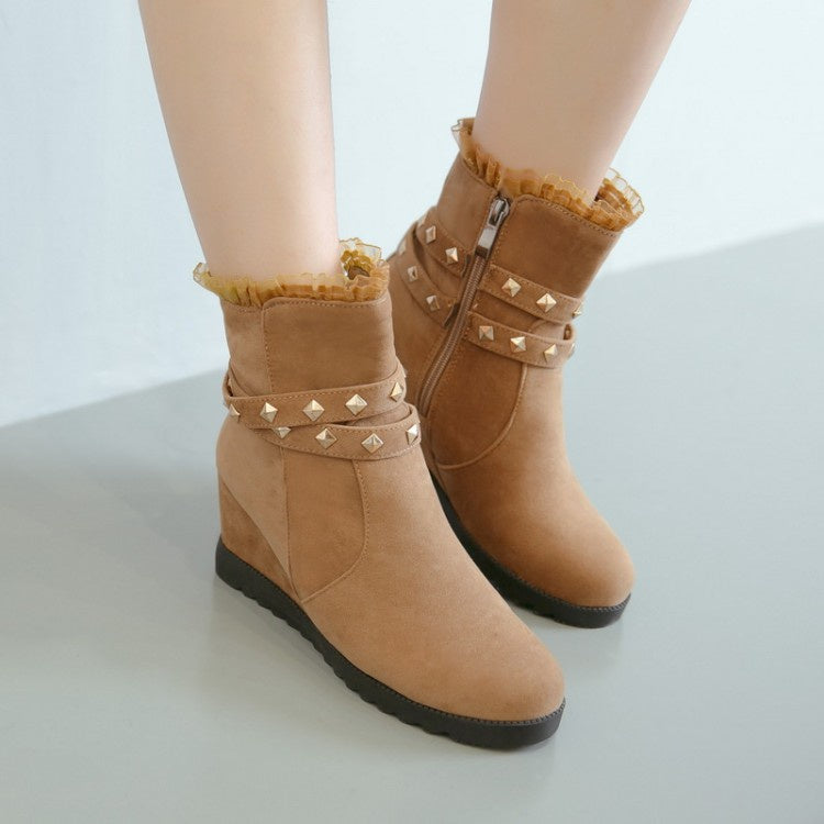 Women's Lace Rivets Wedge Heeled Short Boots