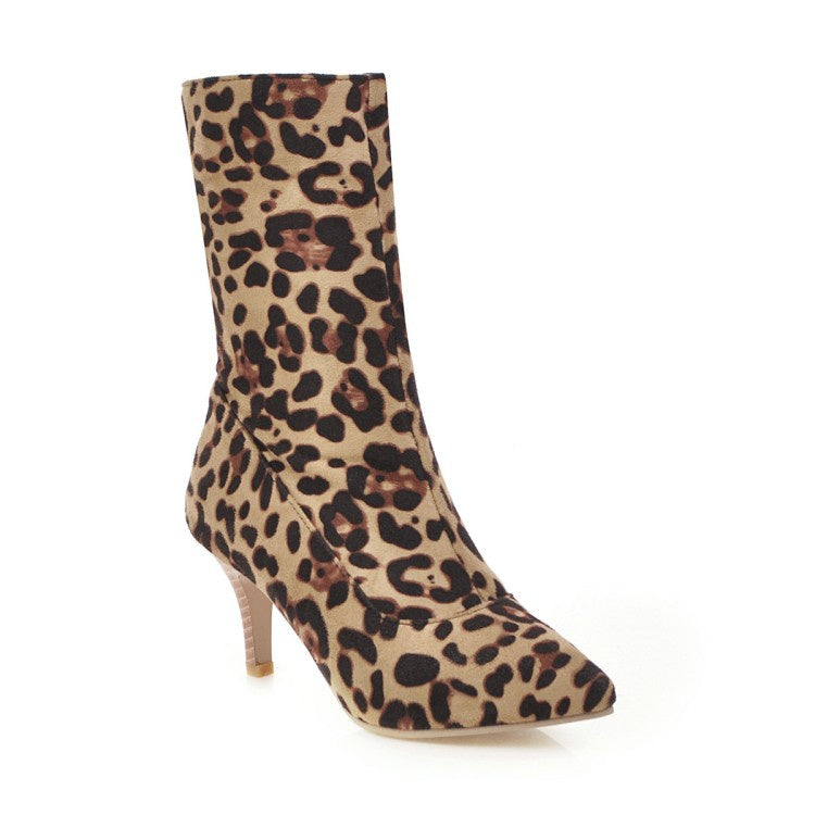 Leopard Printed Mid Calf Bots Woman Shoes