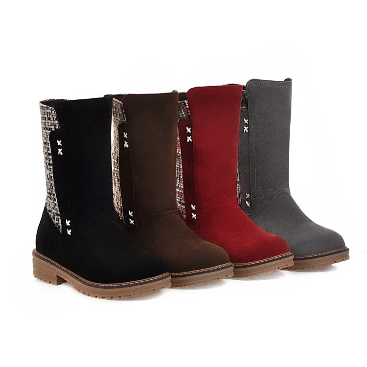 Women's Round Toe Mid Calf Boots Shoes Woman