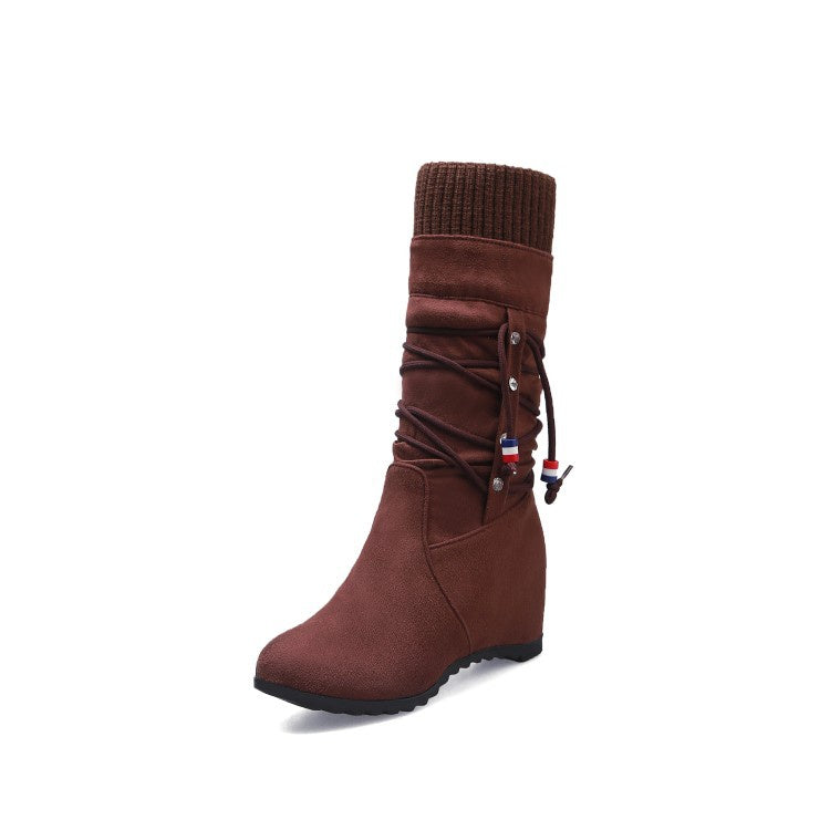 Women's Wedges Heeled Mid Calf Boots Shoes Woman