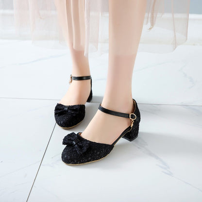 Women Bow Mary Jane Mid Heels Sandals