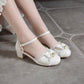 Women Lace Bow Tie Mary Jane Mid Heels Sandals
