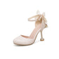 Women Pearl Bow Tie Mary Jane High Heels Sandals