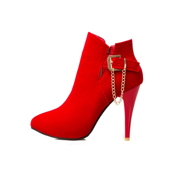 Women Pointed Toe Chains High Heel Ankle Boots