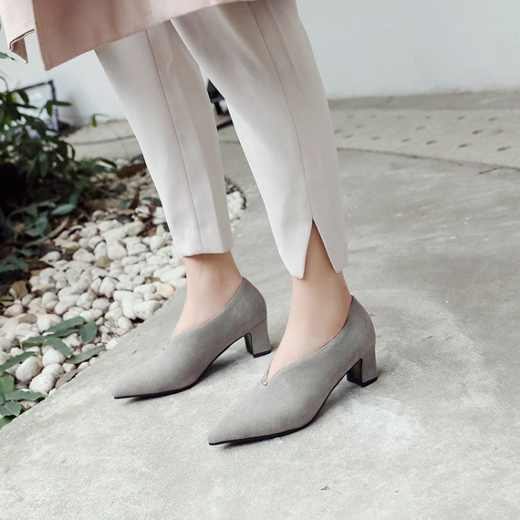 Women Pointed Toe Suede High Heel Chunky Pumps