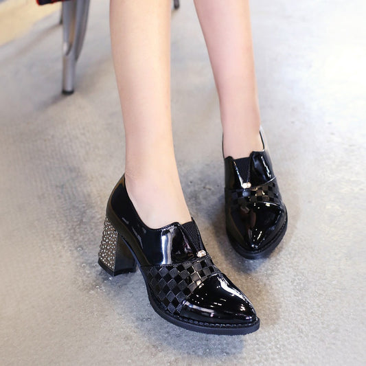 Women Patent Leather Rivets High Heeled Chunky Heels Shoes