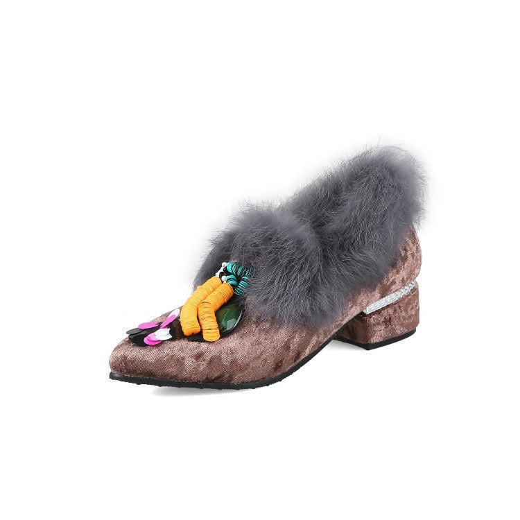 Women Furry Mid Heeled Chunky Heels Lofers Shoes