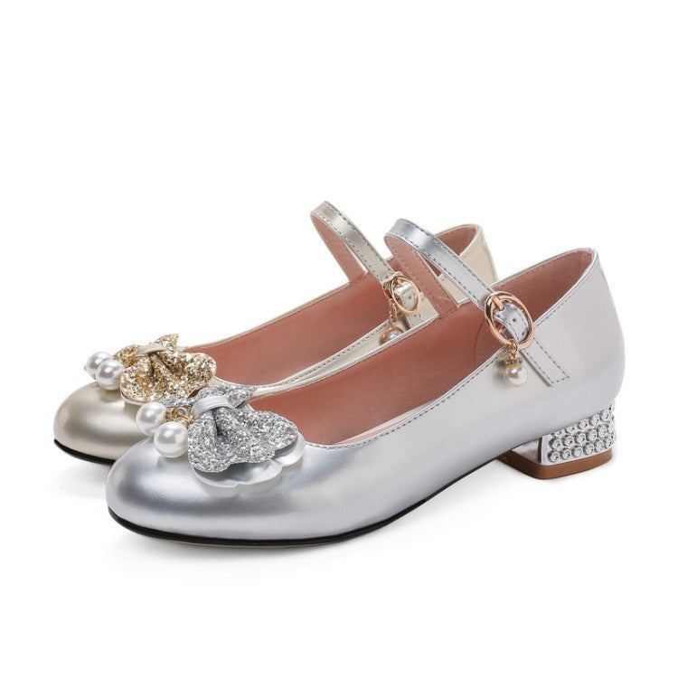 Women Pumps Sequined Mary Janes Shoes with Bowtie