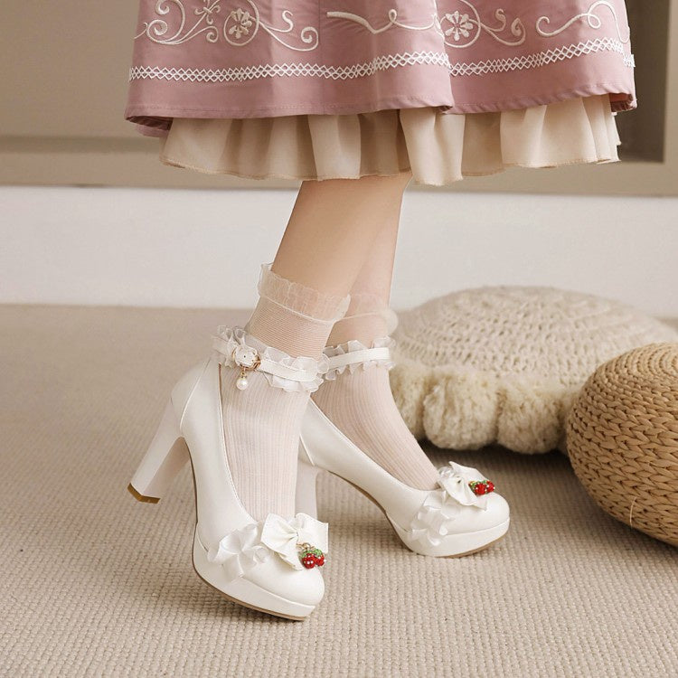 Women Pumps High Heels Ankle Straps Shoes with Bowtie