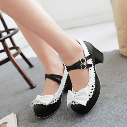 Women Double Straps Chunky Heel Pumps Mary Janes Shoes with Bowtie