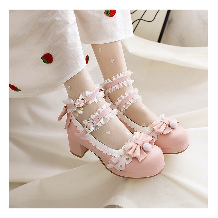 Women Lace Buckle Chunky Heel Pumps Mary Janes Shoes with Bowtie