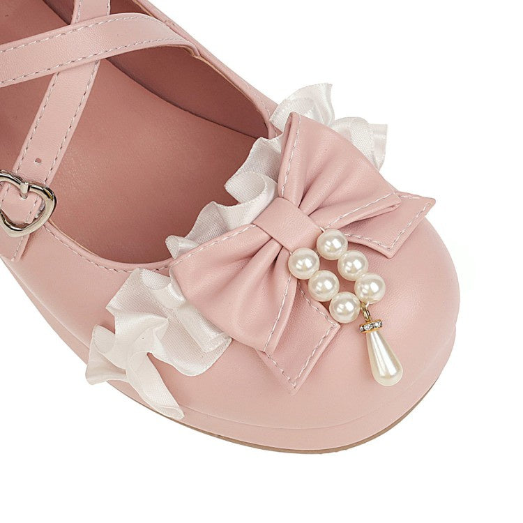 Women Chunky Heel Pumps Mary Janes Shoes with Bowtie Buckle Pearl