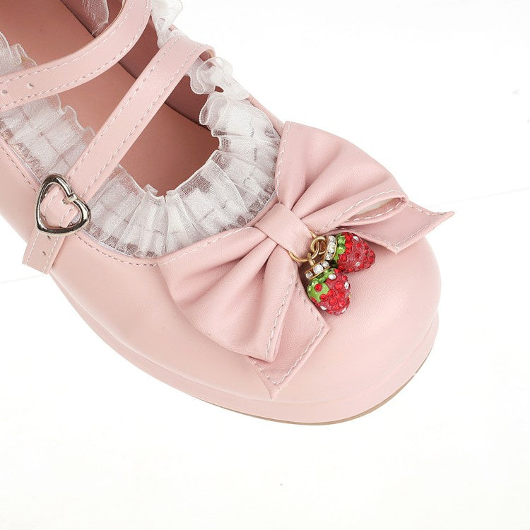 Women Chunky Heel Pumps Mary Janes Shoes with Bowtie Lace