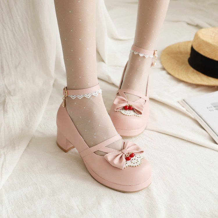Women Lace Chunky Heel Pumps Mary Janes Shoes with Bowtie