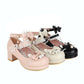 Women Pearl Lace Chunky Heel Pumps Mary Janes Shoes with Bowtie