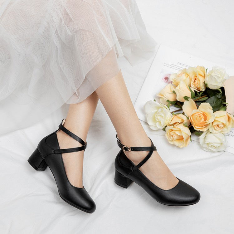 Women Buckle Ankle Strap Pumps Chunky Heels Shoes