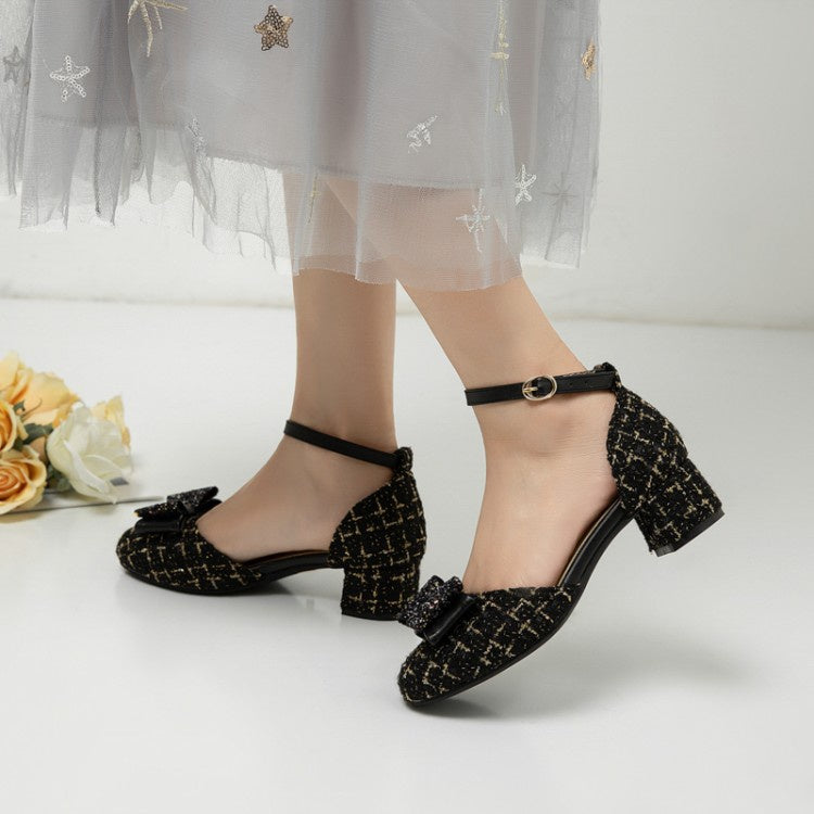 Women Ankle Strap Bow Pumps Chunky Heels Shoes