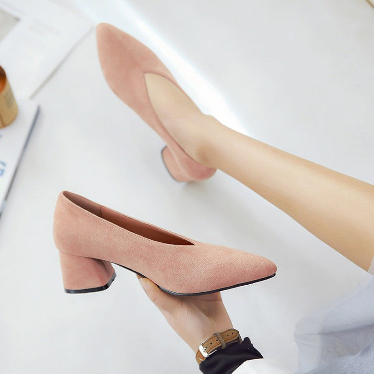 Women Pointed Toe Suede High Heeled Chunky Heels Pumps