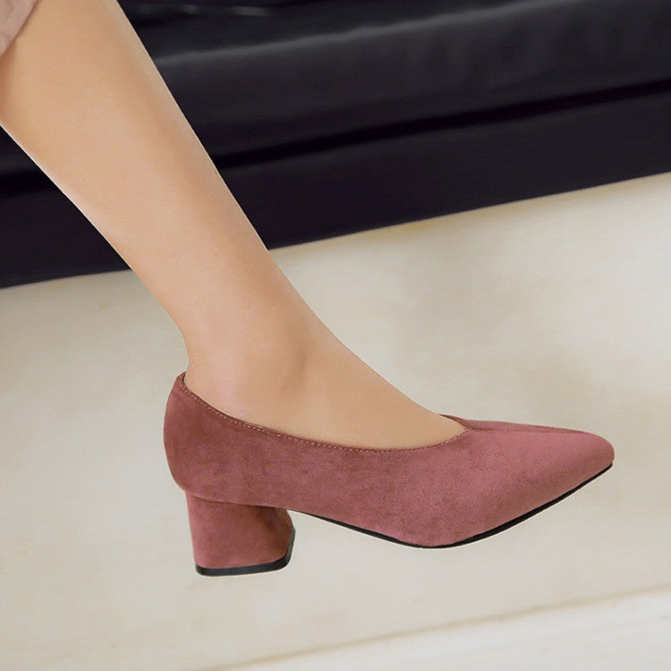 Women Pointed Toe Suede High Heeled Chunky Heels Pumps