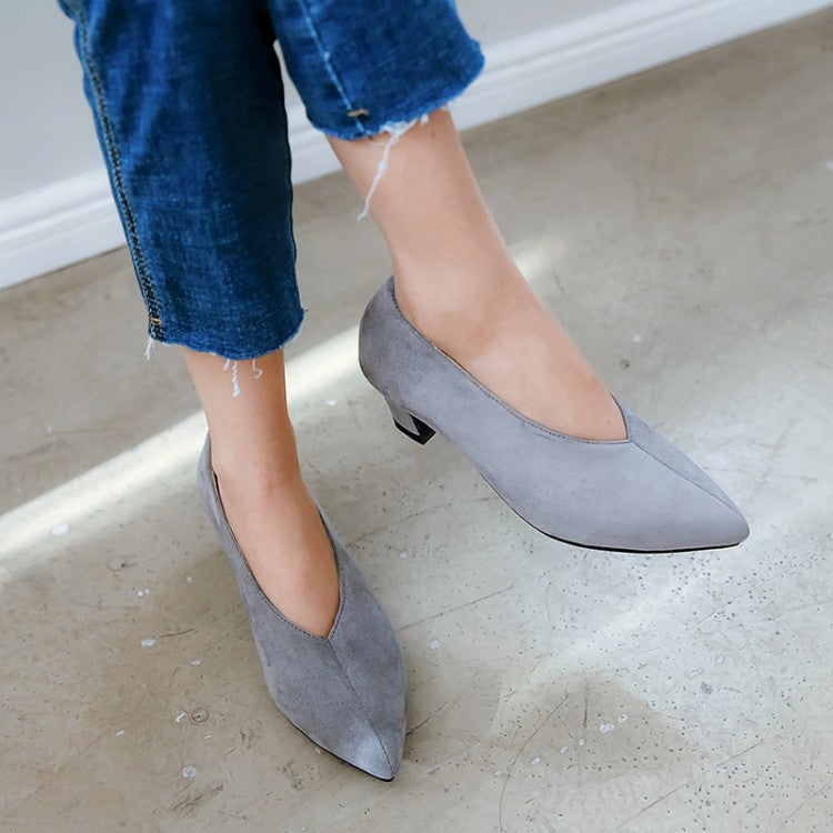 Women Pointed Toe Suede Chunky Heels Pumps