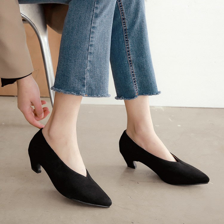 Women Pointed Toe Suede Chunky Heels Pumps