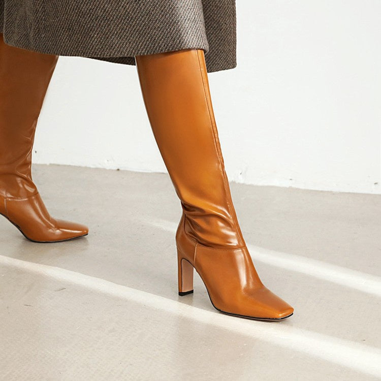 Women Square Toe High Heel Knee High Boots