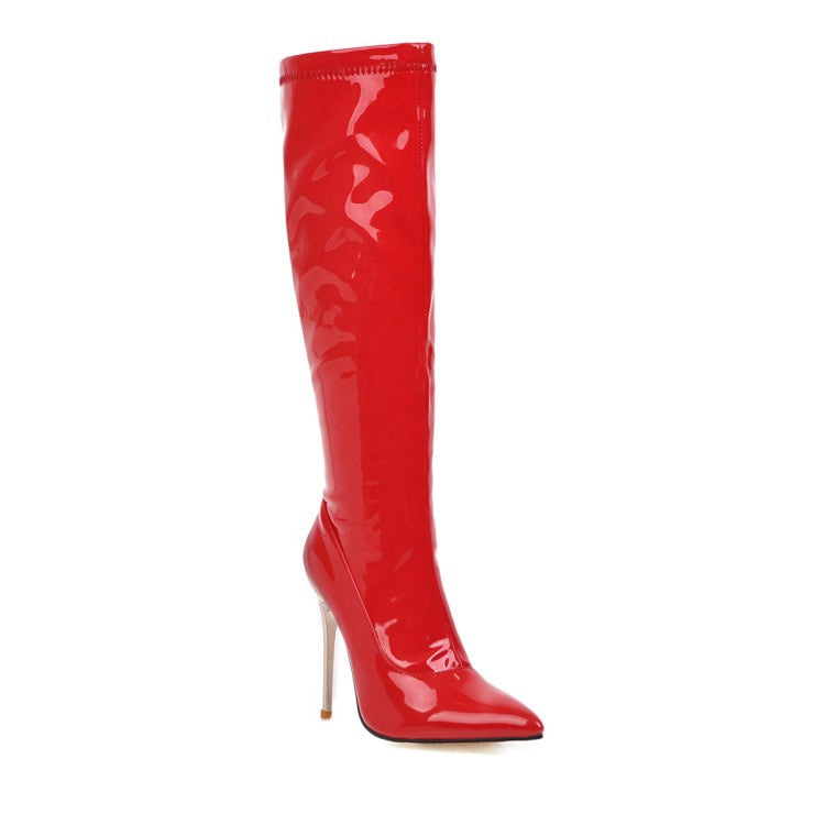 Women Patent Leather High Heel Knee High Boots