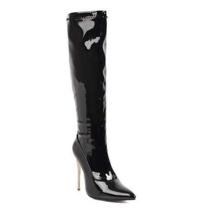 Women Patent Leather High Heel Knee High Boots