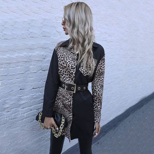 Women Leopard Print Stitching Mid-length Shirt Long Sleeve Blouse