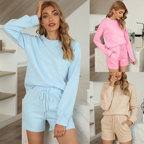 Women Long Sleeve Shorts Sweater Pajamas Two-piece Suit Linen Cotton Home Wear with Pockets