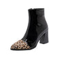 Women Leopard Print Patent Leather High Heels Short Boots