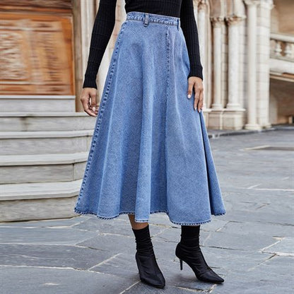 Ins Fashion Elegant All-matched Dip Hem High Waist Denim Long Women Skirts