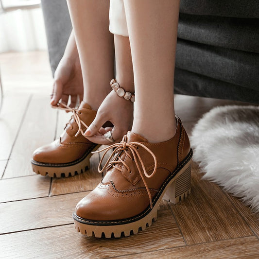 Round Head High Heels Lace Up Oxford Shoes