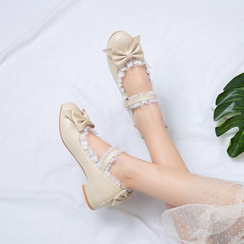 Women Chunky Low Heel Pumps Mary Janes Shoes with Bowtie