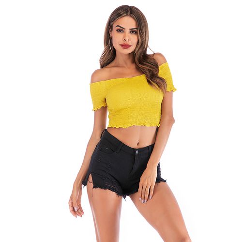 Short  with Straight Neck and Navel Short-sleeved Women T Shirts