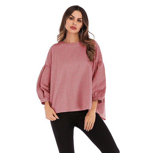 Plaid Casual  Spring Loose Plus Size Round Neck Wild Top Women T Shirts