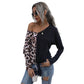 Women Leopard Print Stitching Color Contrast Top Long Sleeved T Shirt