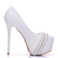 Women Round Toe Rhinestone Pearls Stiletto Heel Platform Pumps Bridal Wedding Shoes