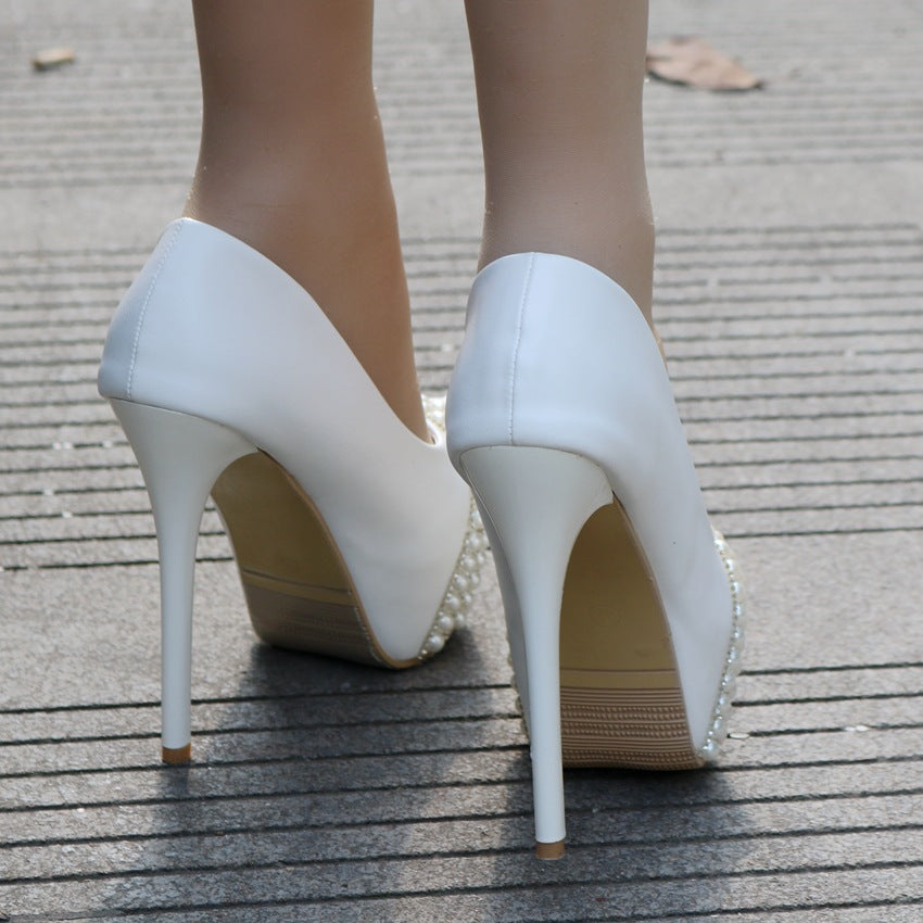 Women Round Toe Rhinestone Pearls Stiletto Heel Platform Pumps Bridal Wedding Shoes