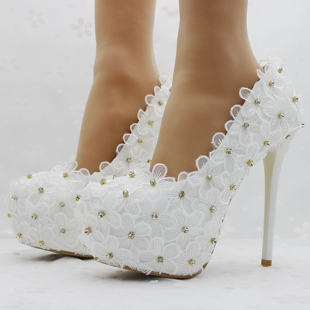 Women Round Toe Lace Embroidery Rhinestone Bridal Stiletto Heel Platform Pumps Wedding Shoes