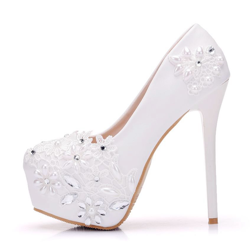 Women Round Toe Lace Rhinestone Pearls Stiletto Heel Platform Pumps Bridal Wedding Shoes